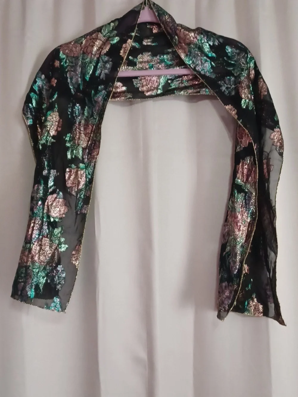 Black Metallic Floral Rosette Scarf Green Pink Gold 60×10
